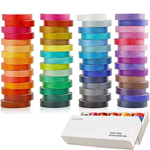 60 Rolls Washi Tape Set-8mm Wide 13ft Long Solid Color Rainbow Washi Tape Colored Decorative Thin Masking Tapes for Art Crafts, Kid Gift, Bullet Journals, Wrapping Planner, Calendar, Scrapbooking DIY