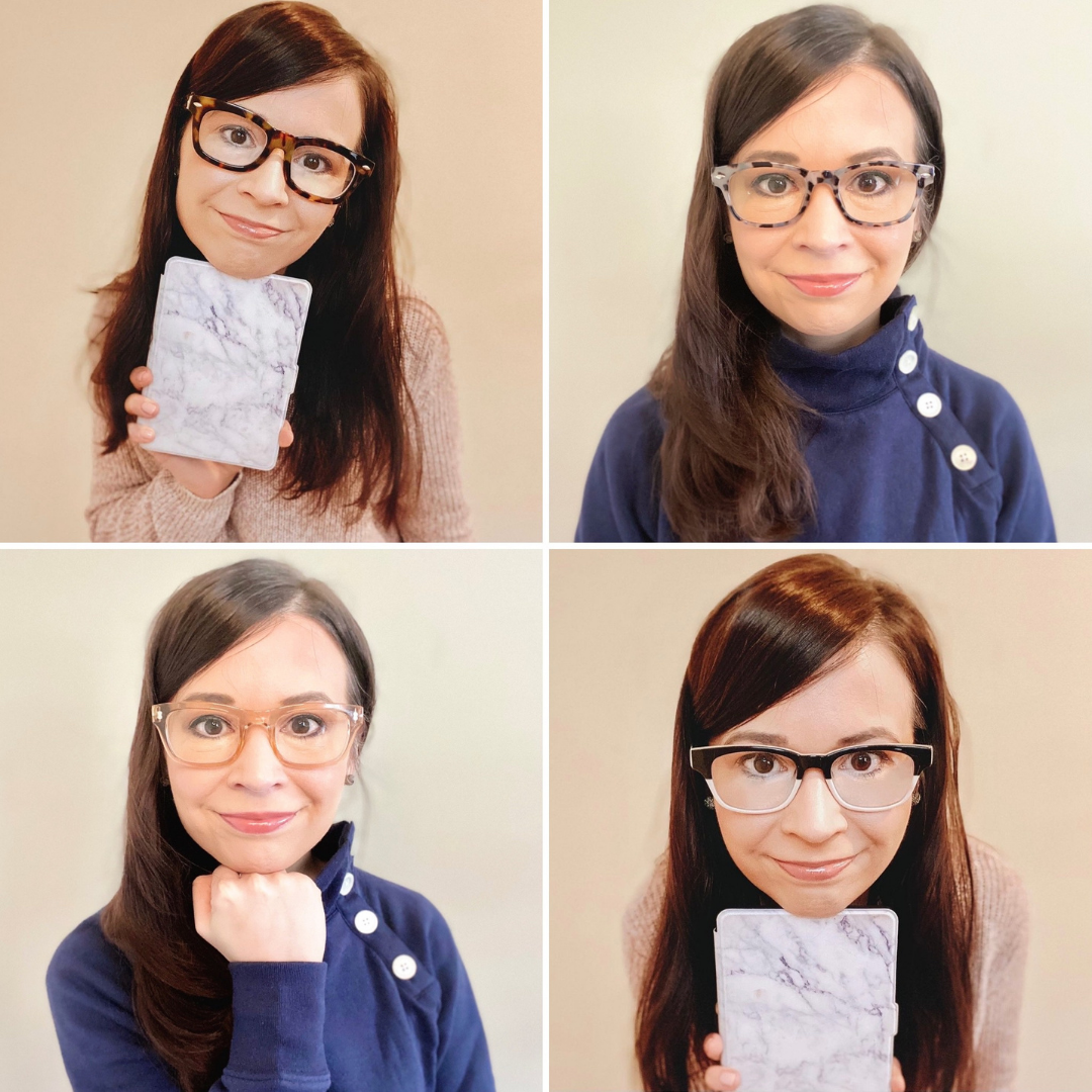 four images of a woman wearing peepers blue light glasses.