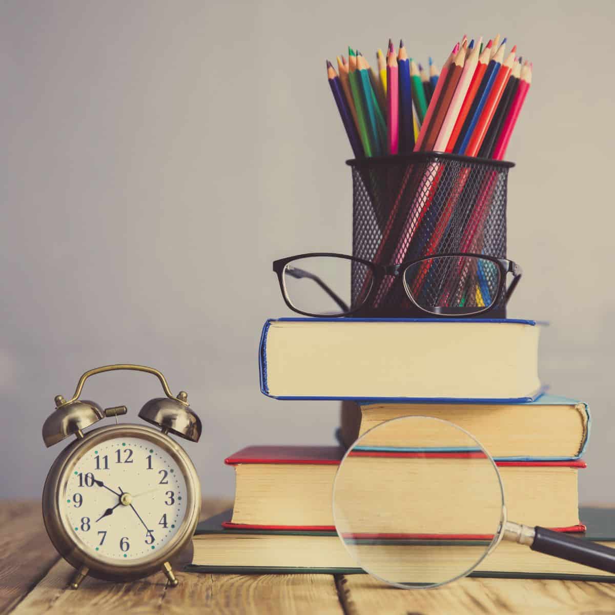 books and clock.