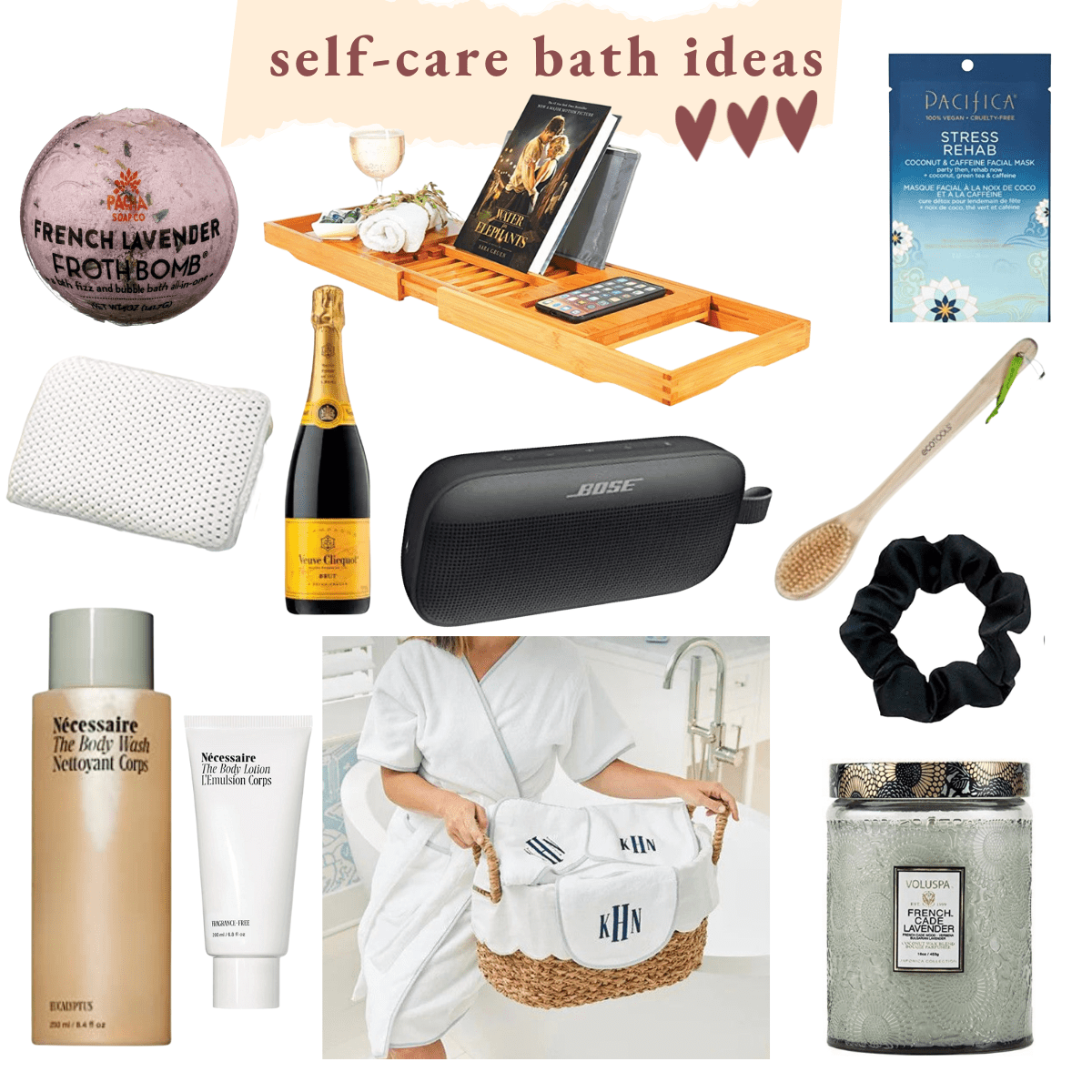 collage of self care bath products.