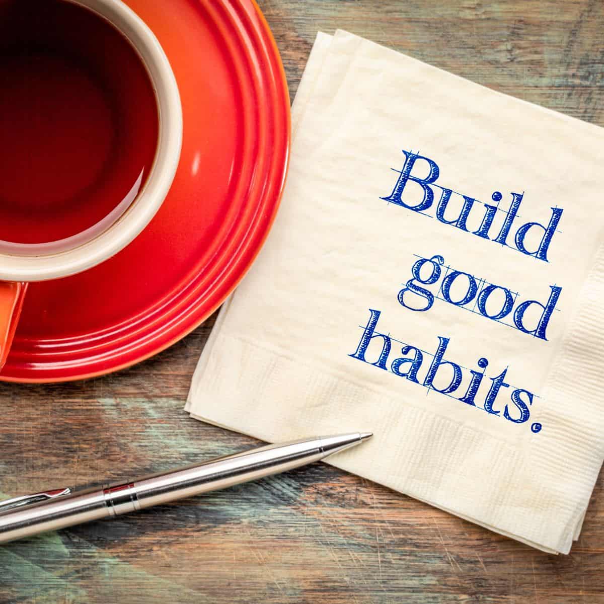 coffee and napkin that says build good habits.