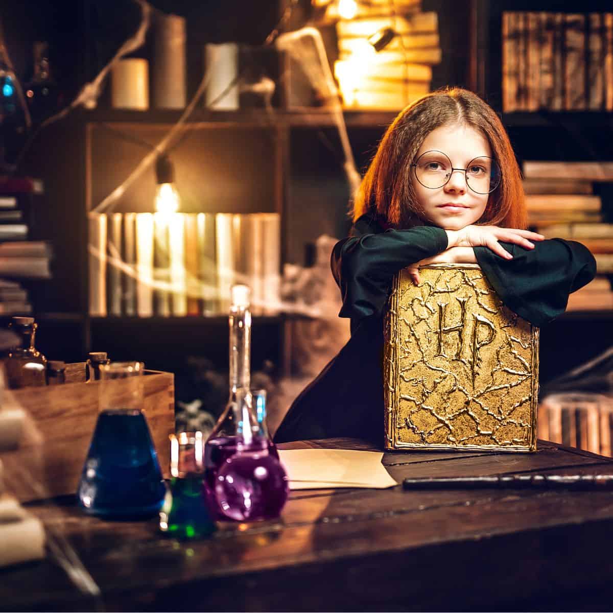 girl in wizard classroom with harry potter books.