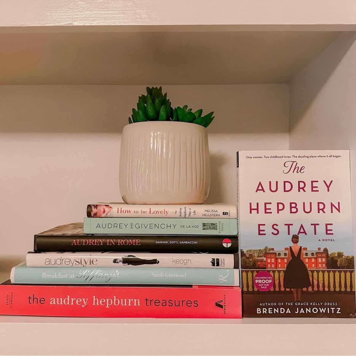 audrey hepburn books on a bookshelf.