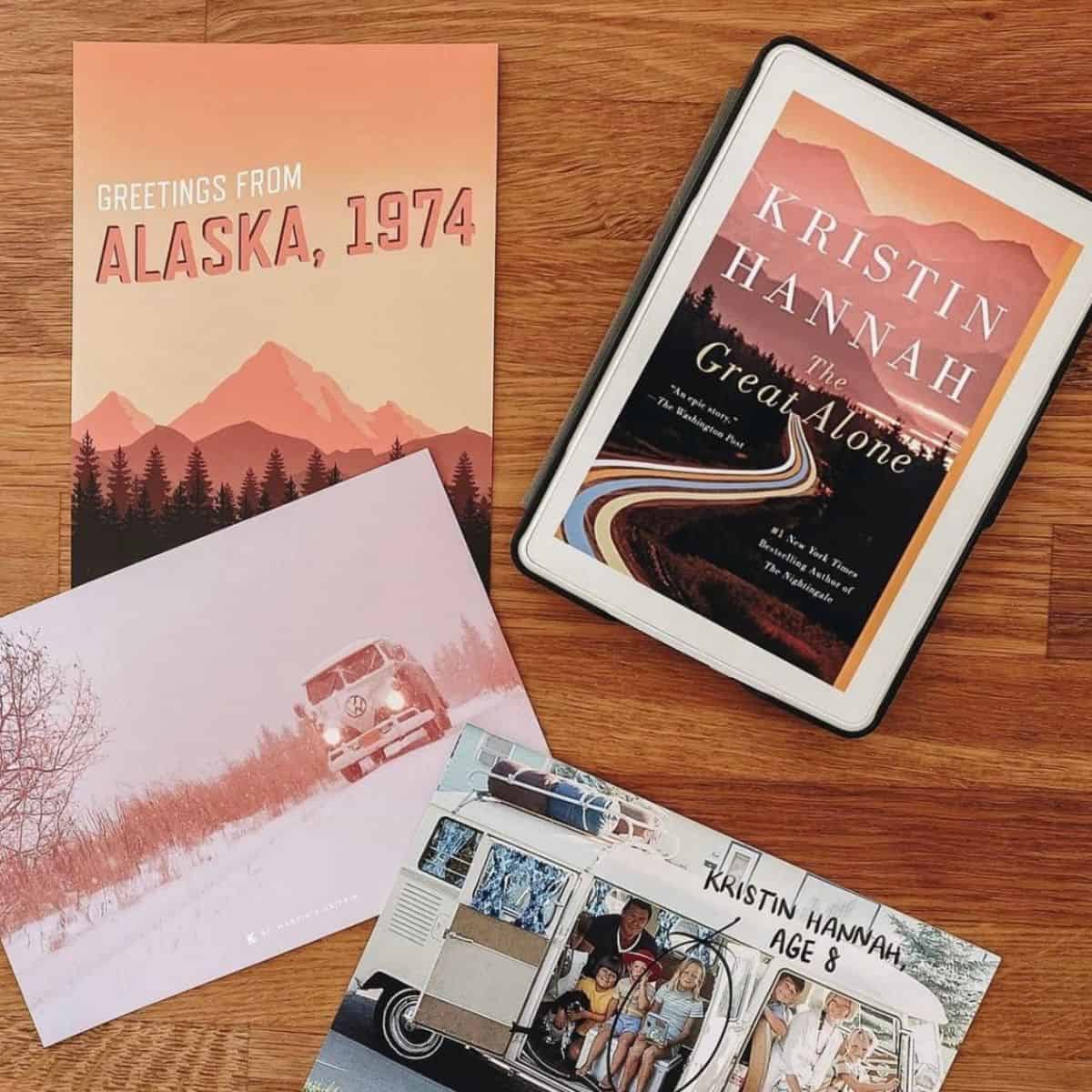 the great alone by kristin hannah and collage of postcards related to it.