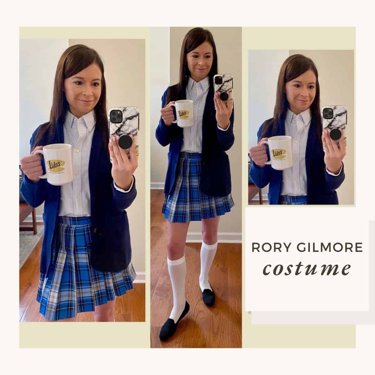 collage of woman wearing rory gilmore costume.