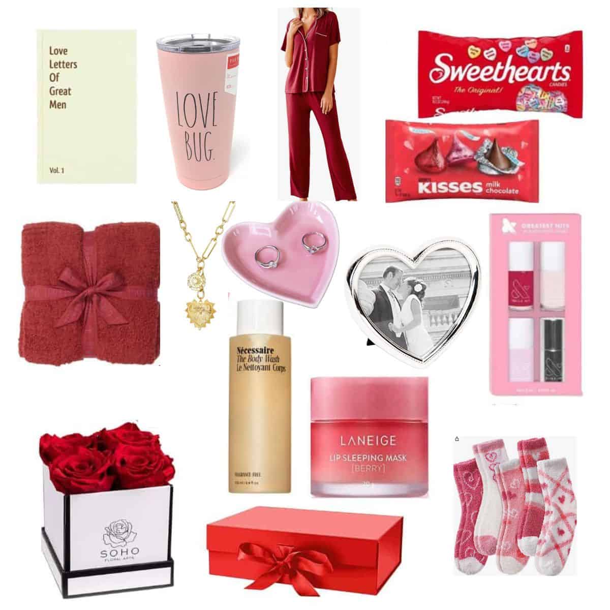 collage of valentine's day care package ideas.