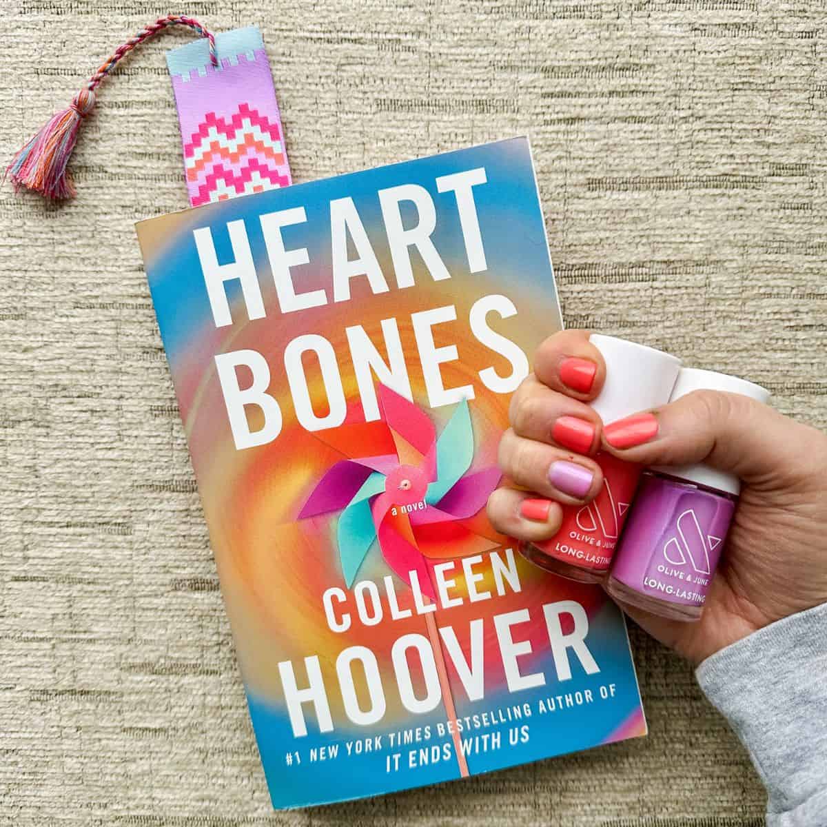 heart bones by colleen hoover with matching olive and june spring 2024 nail polish.