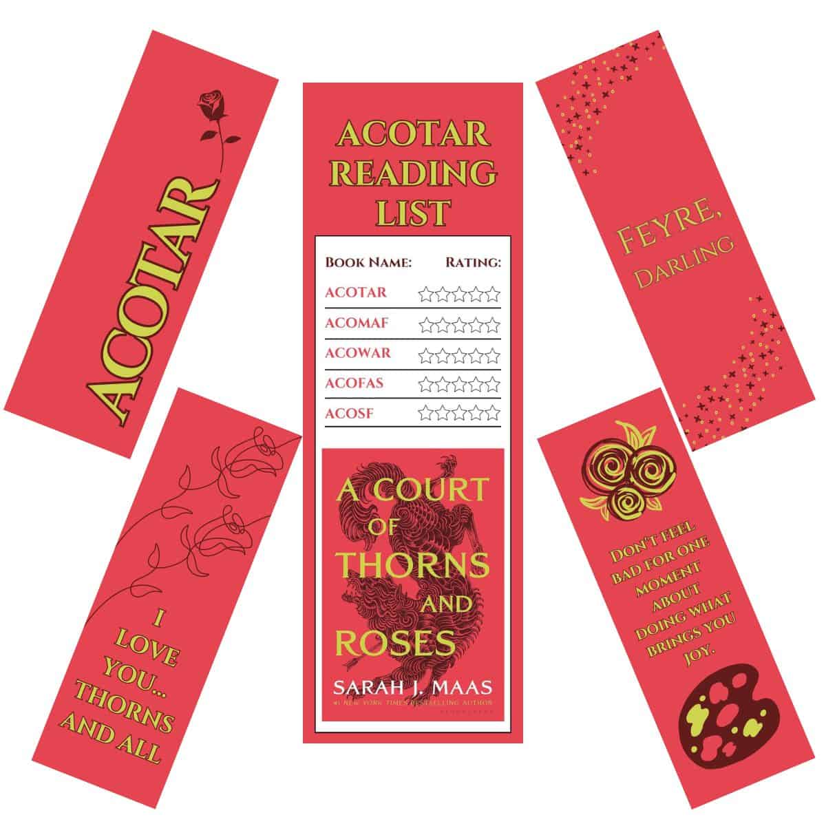 collage of printable acotar bookmarks.