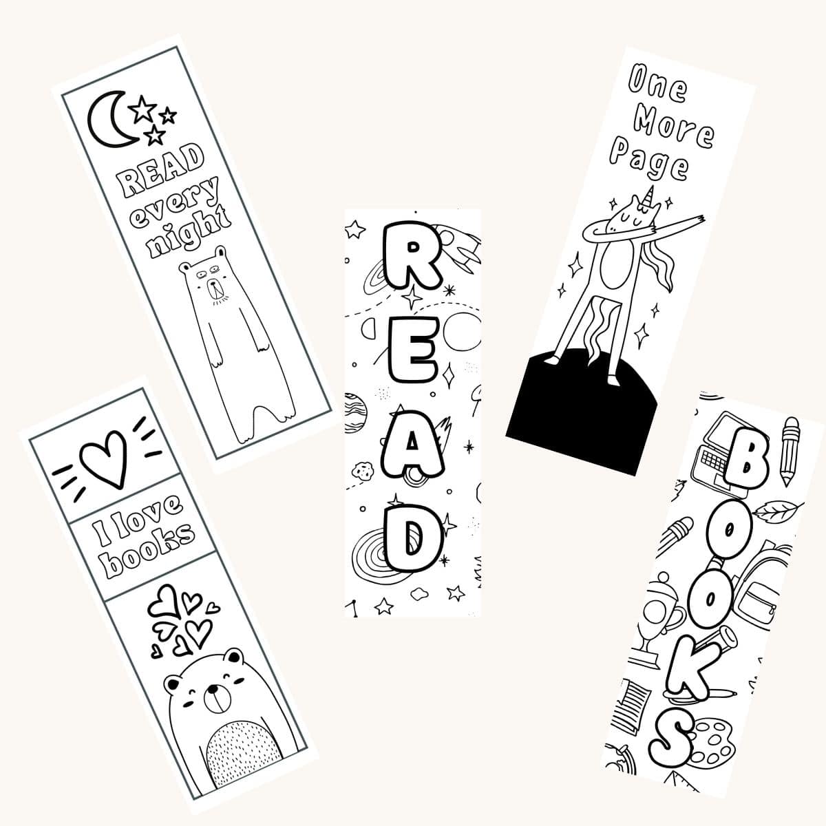 Collage of black and white printable bookmarks for kids.