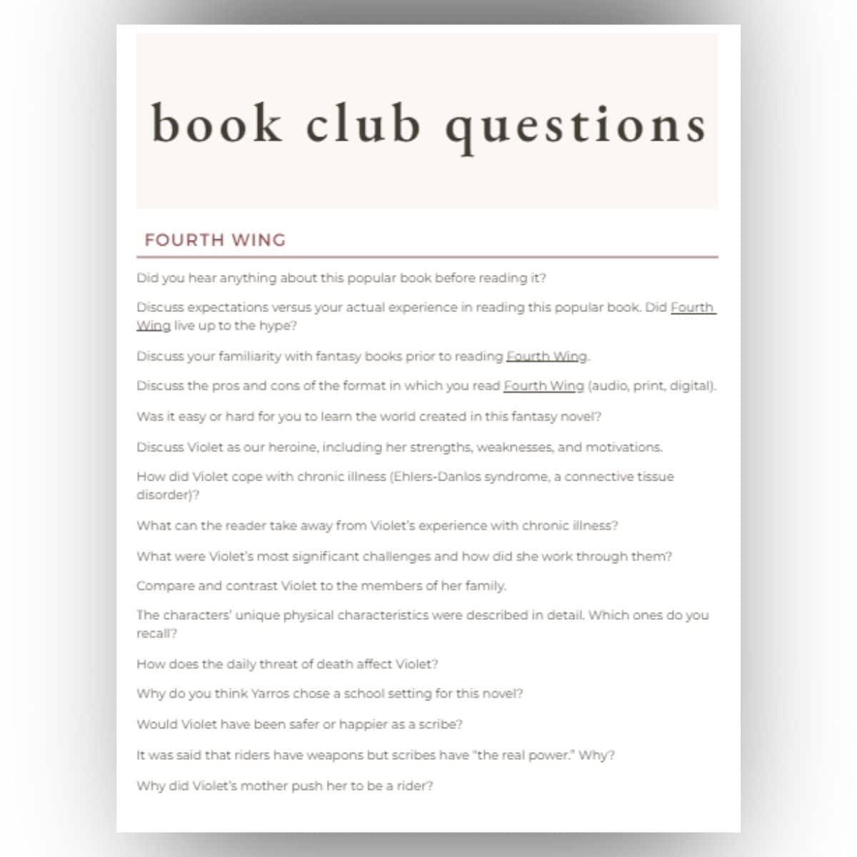 fourth wing book club questions.