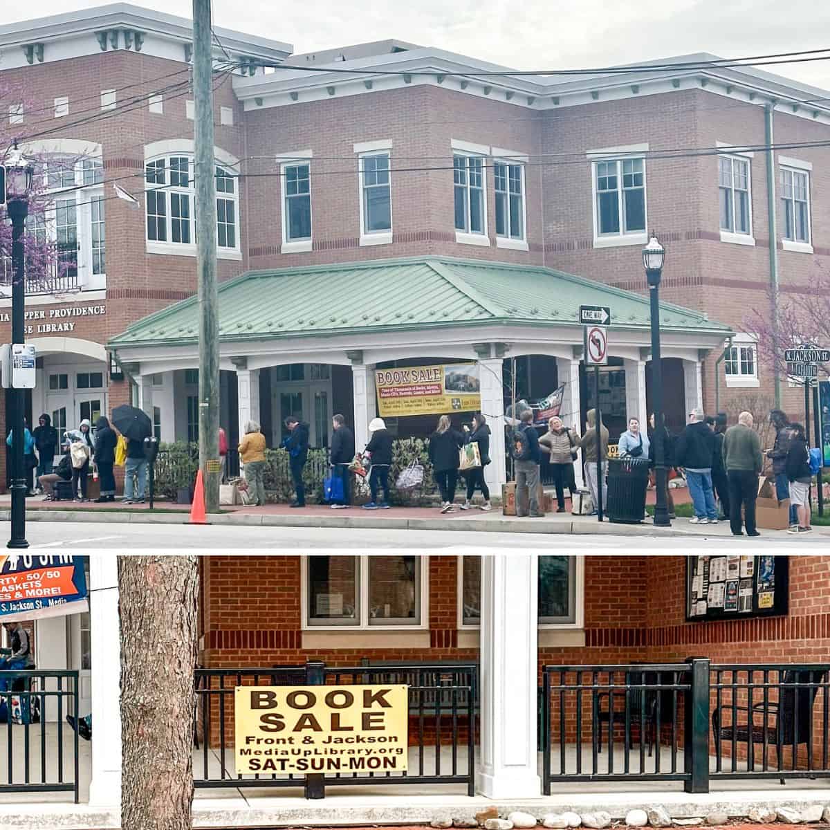 collage of library book sale photos.