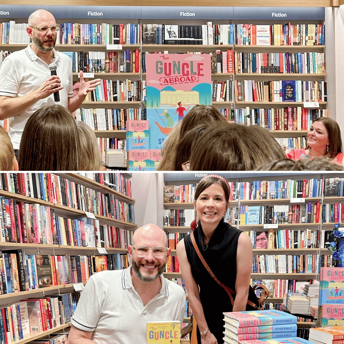 collage of images from steven rowley event discussing the guncle abroad.