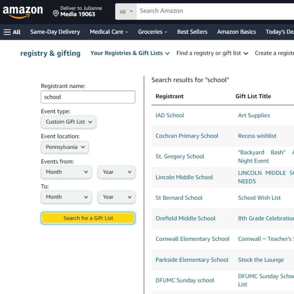 screenshot of school wish lists on amazon.