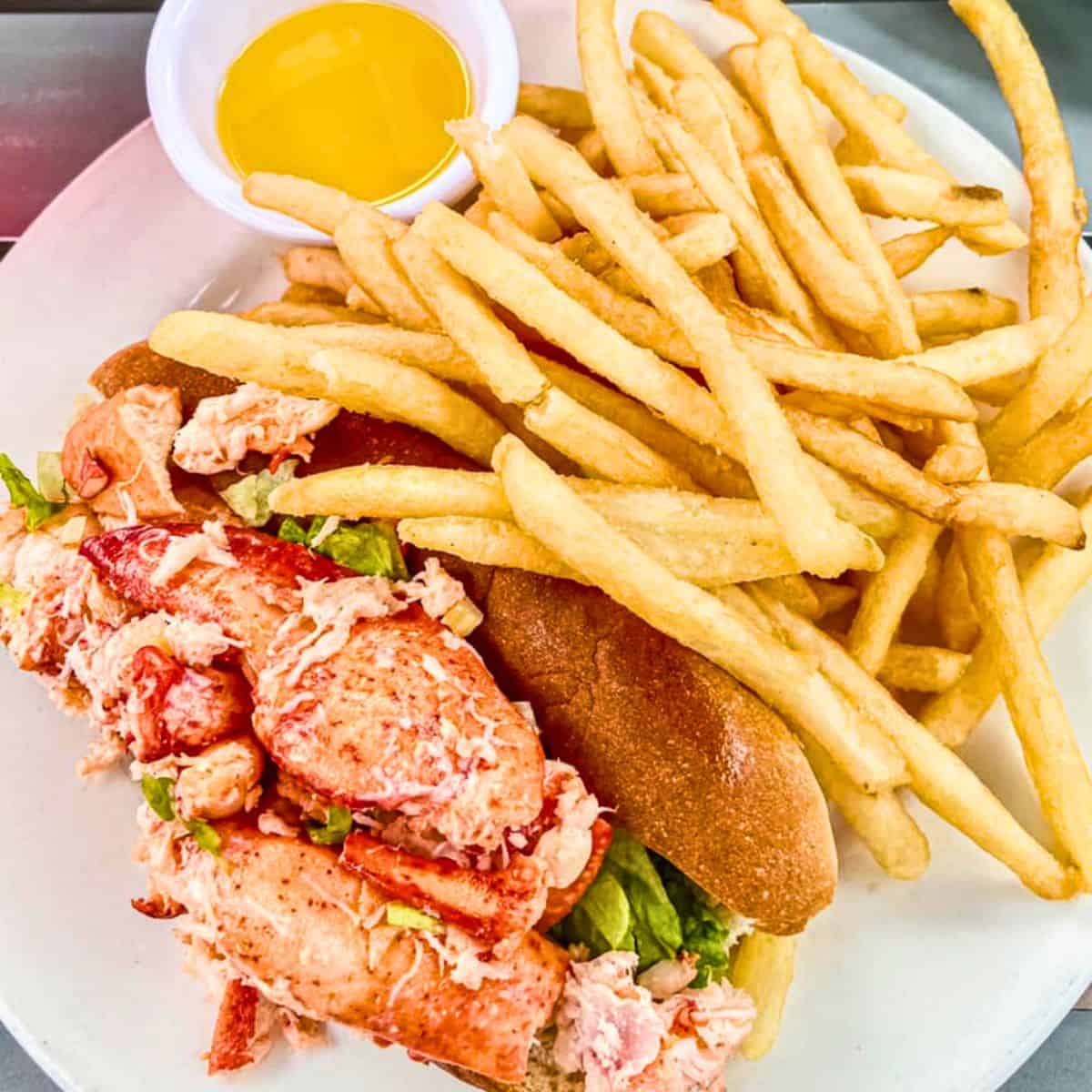 lobster roll and fries on a plate.