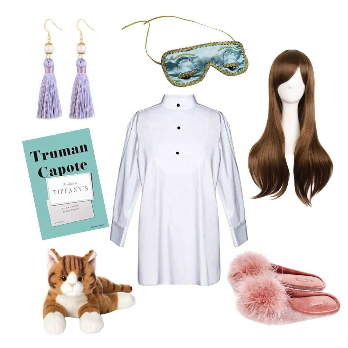 collage of holly golightly sleep mask costume ideas.