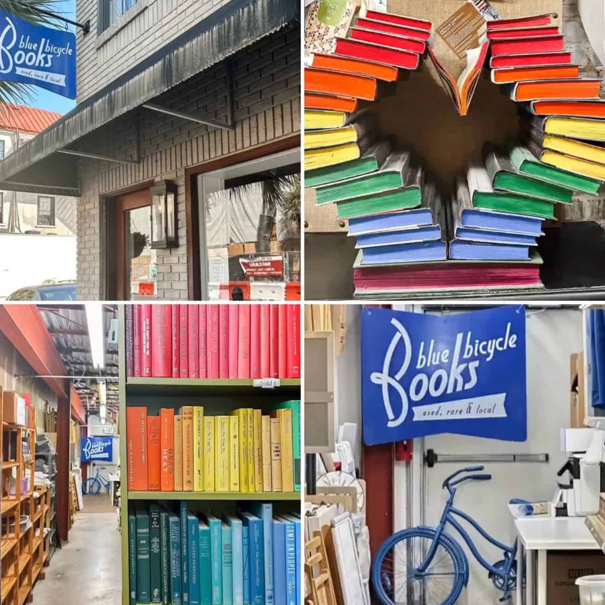 Collage of photos from Blue Bicycle books in Charleston South Carolina.