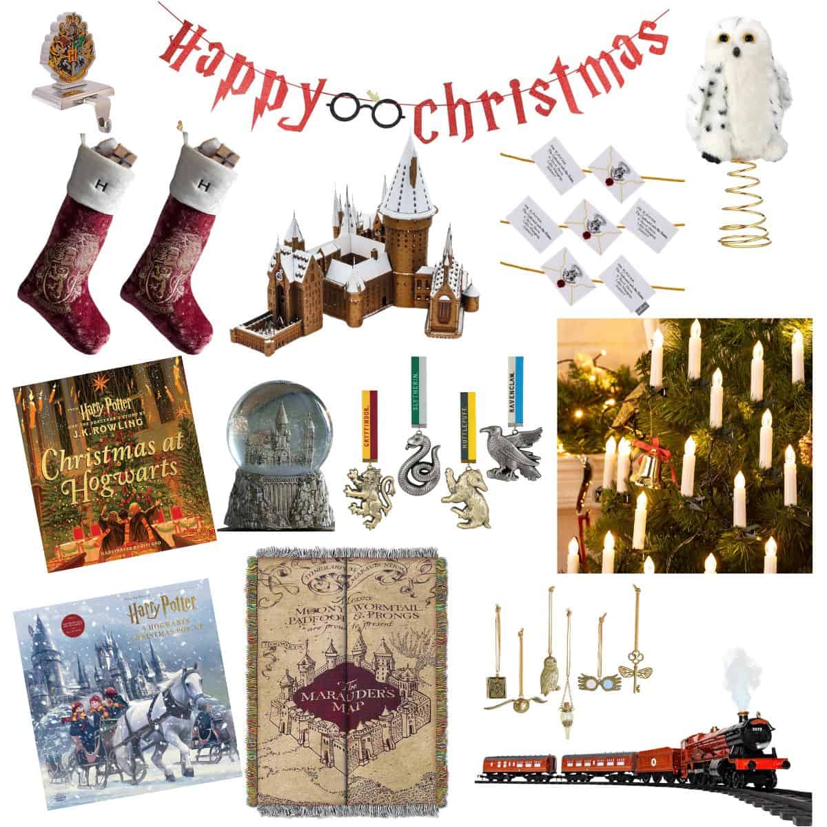 collage of harry potter christmas decorations.