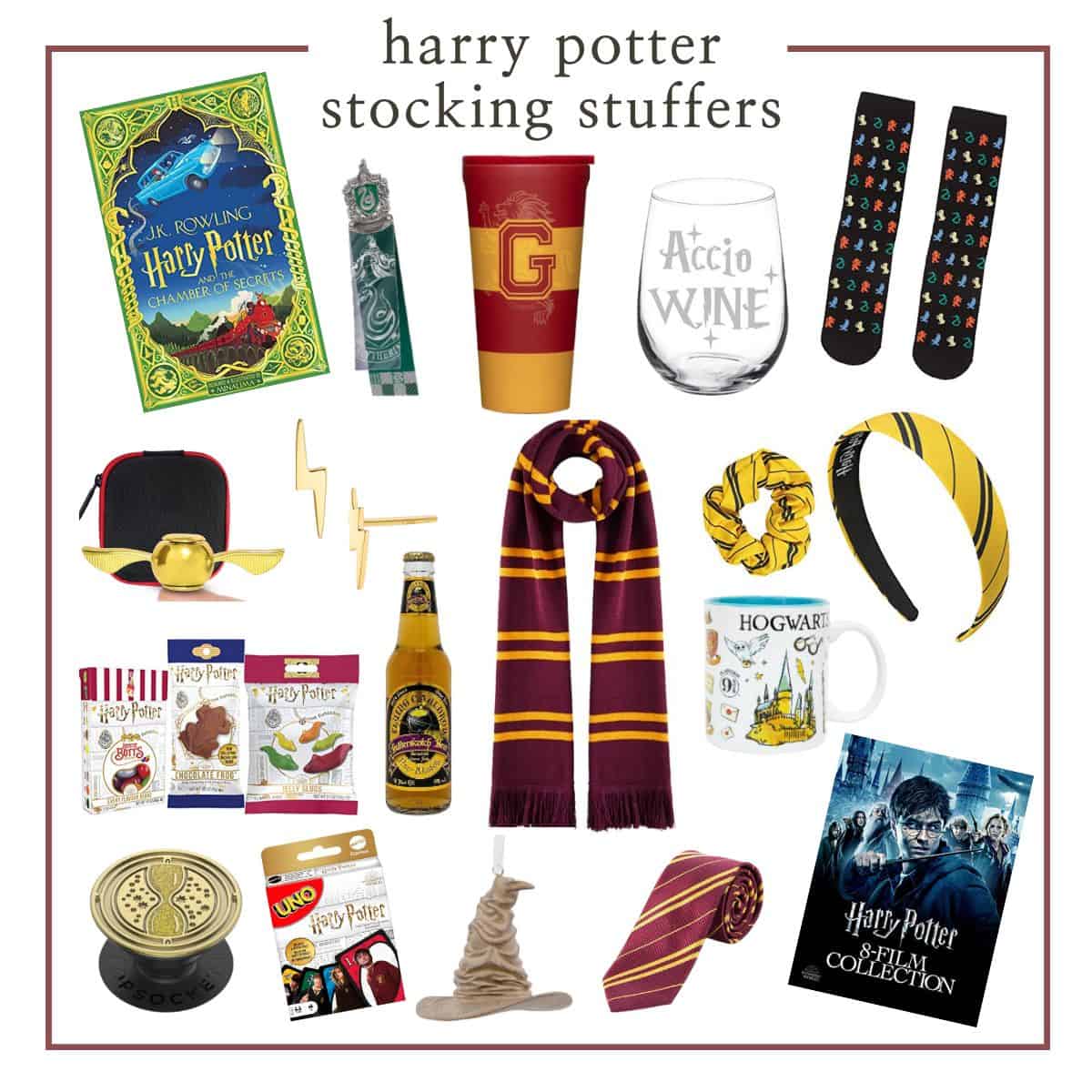 collage of harry potter stocking stuffers for adults.